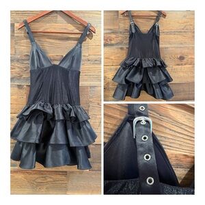 OW Collection Elegant Black Corset Ruffled Mini Dress w Strap Detail NWT